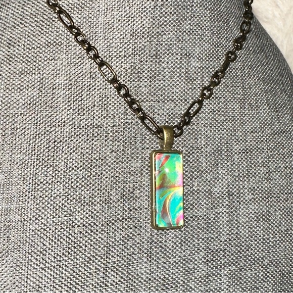 Hand painted Abstract Acrylic fluid pour art bezel pendant necklace pink blue - Picture 4 of 8